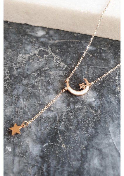 Rose Yıldız Sallantılı Sedefli Ay Çelik Kolye