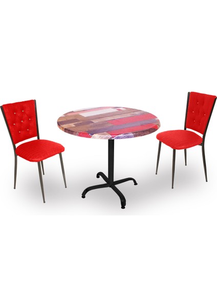 Indigo Werzalit Yuvarlak - Kapitoneli Fiskos Seti (70 cm Çap) - Red Wood Kırmızı