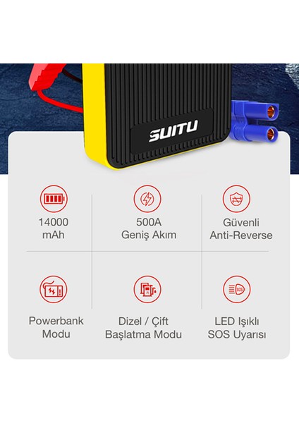 Ally Suitu 14000MAH Jump Starter Akü Takviye Seti ( Powerbank + LED Lamba)