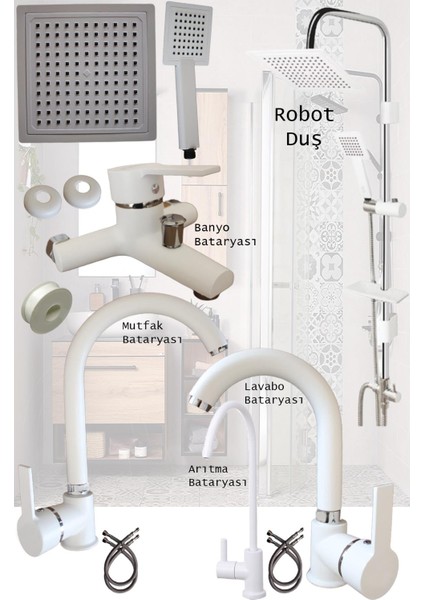 Irmak Lavabo Banyo Mutfak Bataryası ve Rainy Robot Duş Beyaz Banyo Seti Kalın Delta Borulu Armatür
