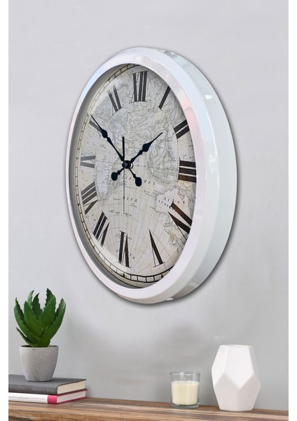 52 cm Beyaz Metal Harita Duvar Saati modelleri