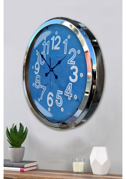 52 cm Krom Metal Mavi Kadran Duvar Saati modelleri