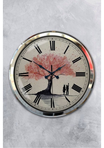 52 cm Krom Metal Pembe Ağaç Duvar Saati