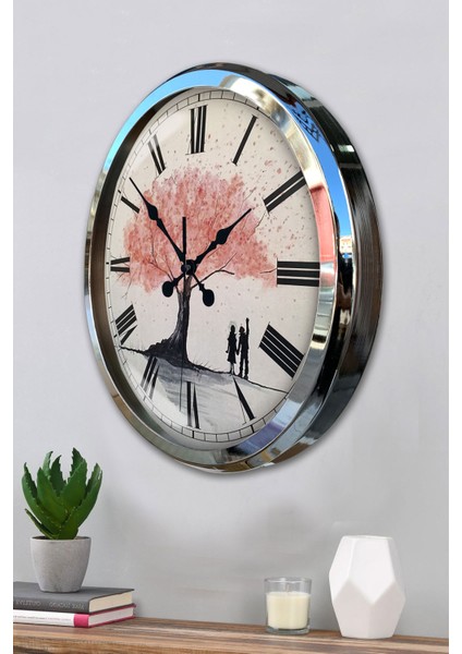 52 cm Krom Metal Pembe Ağaç Duvar Saati modelleri