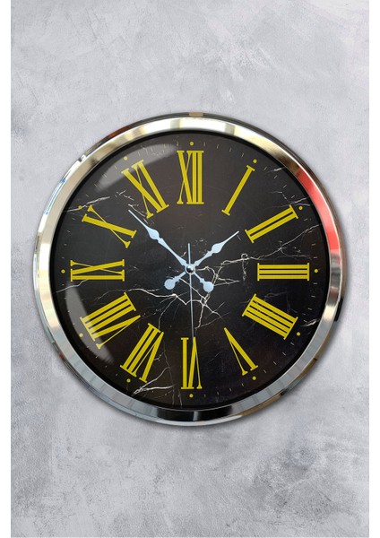 52 cm Krom Metal Sarı Roma Rakamlı Duvar Saati