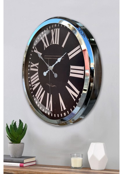 52 cm Krom Metal Siyah Kadran Duvar Saati modelleri
