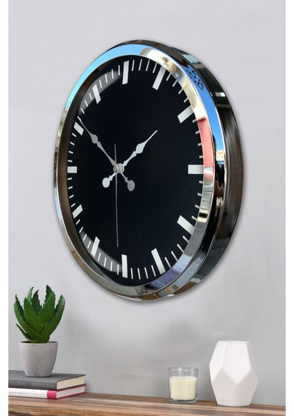 52 cm Krom Metal Siyah Renk Duvar Saati modelleri