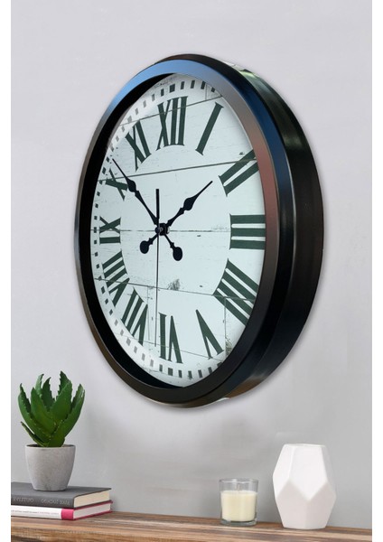 52 cm Siyah Metal Beyaz Romen Duvar Saati modelleri