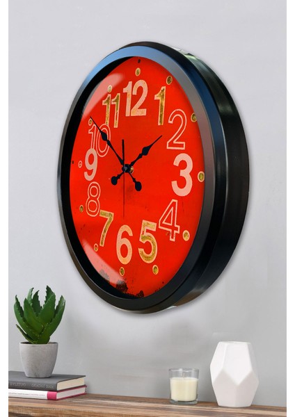 52 cm Siyah Metal Kırmızı Kadran Duvar Saati modelleri