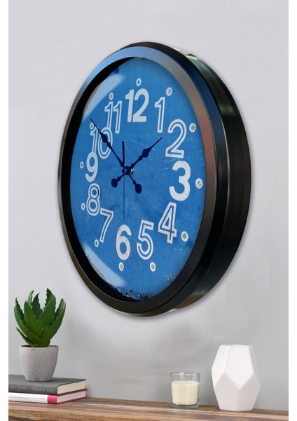 52 cm Siyah Metal Mavi Kadran Duvar Saati modelleri