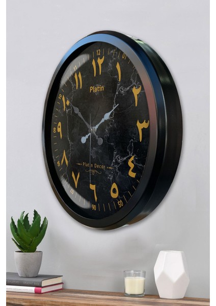 52 cm Siyah Metal Mermer Desen Arapça Duvar Saati modelleri