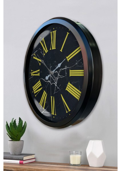 52 cm Siyah Metal Sarı Roma Rakamlı Duvar Saati modelleri