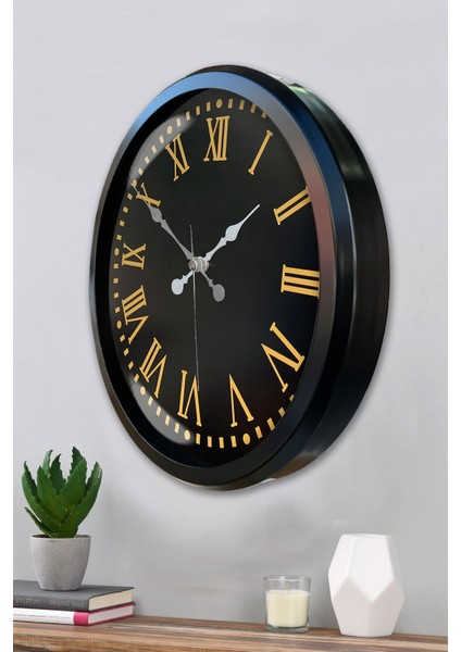 52 cm Siyah Metal Sarı Roma Rakamlı Duvar Saati modelleri