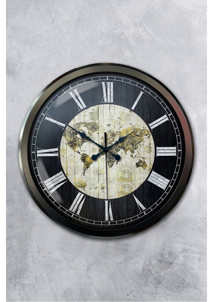 52 cm Siyah Metal World Maps Duvar Saati