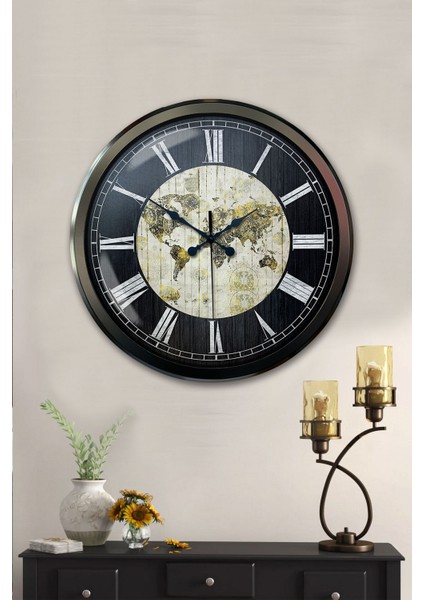 52 cm Siyah Metal World Maps Duvar Saati fiyatları
