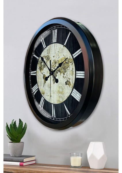 52 cm Siyah Metal World Maps Duvar Saati modelleri