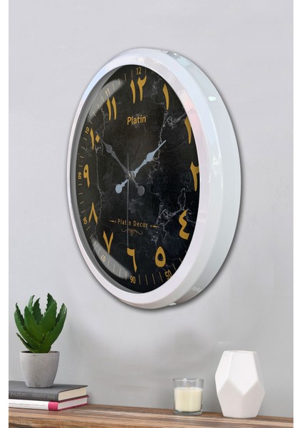 52 cm Beyaz Metal Mermer Desen Arapça Duvar Saati modelleri