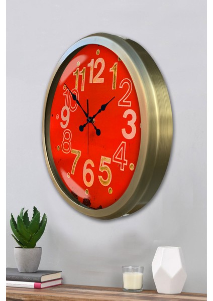 52 cm Eskitme Metal Kırmızı Kadran Duvar Saati modelleri