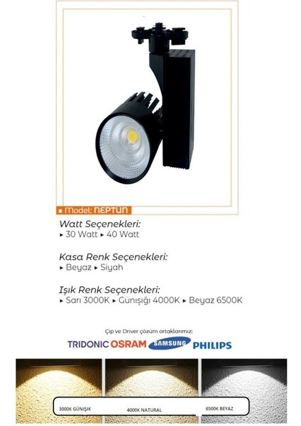 40 Watt Siyah Kasa Sıcak Beyaz 4000 K Led Ray Spot EV Ofis Mağaza Vİtrin