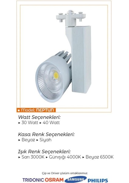 40 Watt Beyaz Kasa Sıcak Beyaz 4000 K Led Ray Spot EV Ofis Mağaza Vitrin