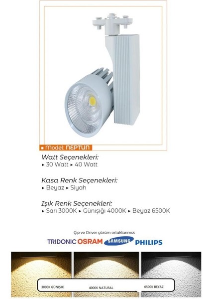 40 Watt Beyaz Kasa Sıcak Beyaz 4000 K Led Ray Spot EV Ofis Mağaza Vitrin