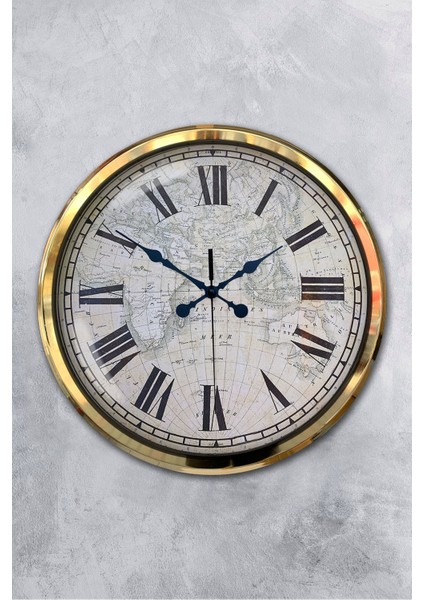52 cm Gold Metal Harita Duvar Saati