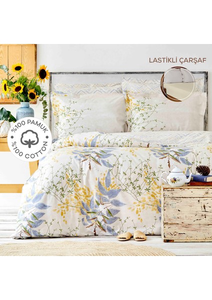 Clarinda Hardal %100 Pamuk Çift Kişilik Lastik Çarşaflı Nevresim Takımı