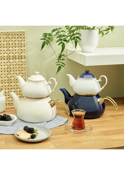 Alice Midi Gold Emaye Kobalt Porselen Demlikli Çaydanlık Takımı modelleri