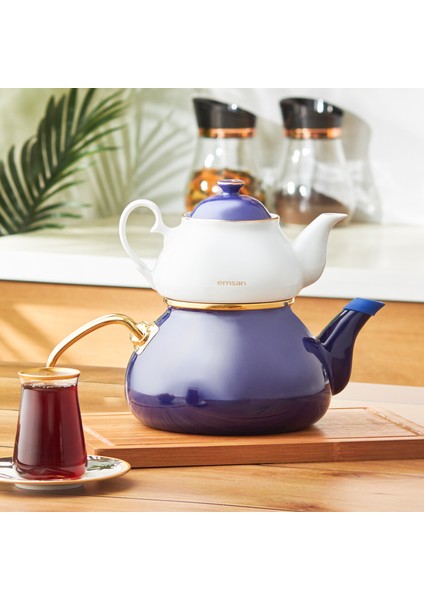 Alice Midi Gold Emaye Kobalt Porselen Demlikli Çaydanlık Takımı