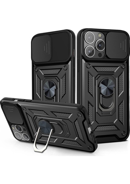 iPhone 12 Pro Max Ince Kaydırmalı Kamera Kapaklı ve Halka Tutucu Standlı Sağlam Zırh Koruma Çantası Siyah (Yurt Dışından)
