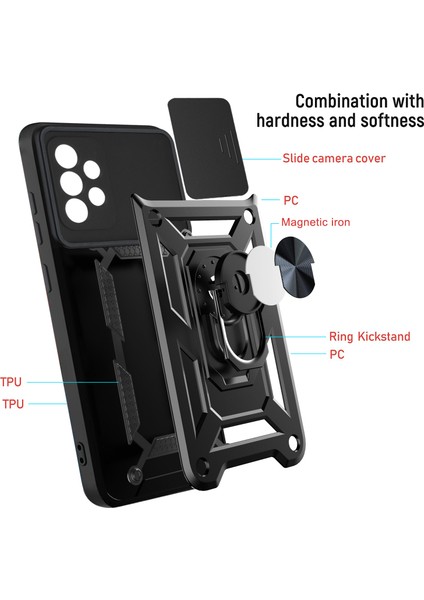 Samsung Galaxy A32 4g Ince Kaydırmalı Kamera Kapaklı ve Halka Tutucu Standlı Sağlam Zırh Koruma Çantası Siyah (Yurt Dışından) fırsatları