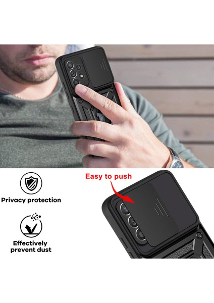 Samsung Galaxy A32 4g Ince Kaydırmalı Kamera Kapaklı ve Halka Tutucu Standlı Sağlam Zırh Koruma Çantası Siyah (Yurt Dışından) indirimleri