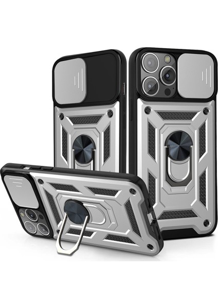 iPhone 12 Pro Max Ince Kaydırmalı Kamera Kapaklı ve Halka Tutucu Standlı Sağlam Zırh Koruma Çantası Gümüş (Yurt Dışından)