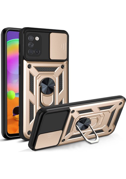 Samsung Galaxy A31 Ince Kaydırmalı Kamera Kapaklı ve Halka Tutucu Standlı Sağlam Zırh Koruma Çantası Altın (Yurt Dışından)