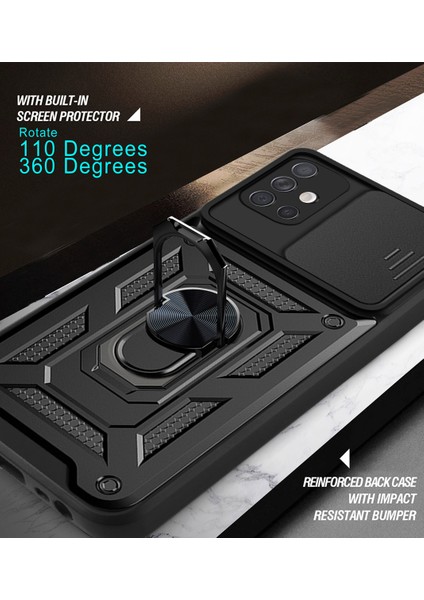 Samsung Galaxy A71 4g Ince Kaydırmalı Kamera Kapaklı ve Halka Tutucu Standlı Sağlam Zırh Koruma Çantası Siyah (Yurt Dışından)
