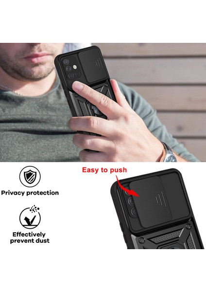 Samsung Galaxy A71 4g Ince Kaydırmalı Kamera Kapaklı ve Halka Tutucu Standlı Sağlam Zırh Koruma Çantası Siyah (Yurt Dışından)