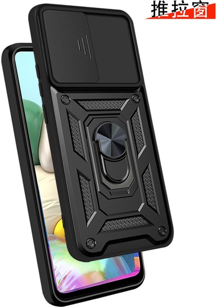 Samsung Galaxy A71 4g Ince Kaydırmalı Kamera Kapaklı ve Halka Tutucu Standlı Sağlam Zırh Koruma Çantası Siyah (Yurt Dışından)