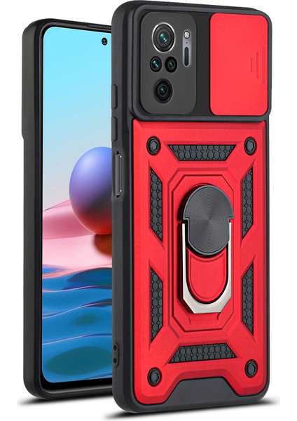 Xiaomi Redmi Note 10 4g Ince Kaydırmalı Kamera Kapaklı ve Halka Tutucu Standlı Sağlam Zırh Koruma Çantası Kırmızı (Yurt Dışından)
