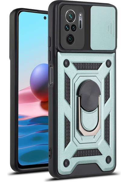Xiaomi Redmi Note 10 4g Ince Kaydırmalı Kamera Kapaklı ve Halka Tutucu Standlı Sağlam Zırh Koruma Çantası Yeşil (Yurt Dışından)