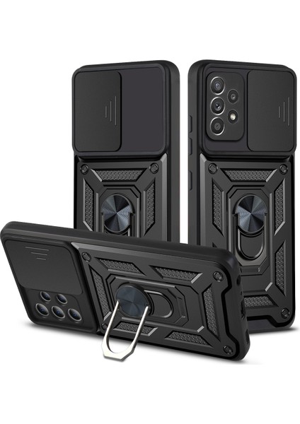 Samsung Galaxy A72 5g/4g Ince Kaydırmalı Kamera Kapaklı ve Halka Tutucu Standlı Sağlam Zırh Koruma Çantası Siyah (Yurt Dışından)