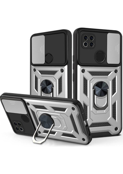 Xiaomi Redmi 9c Ince Kaydırmalı Kamera Kapaklı ve Halka Tutucu Standlı Sağlam Zırh Koruma Çantası Gümüş (Yurt Dışından)
