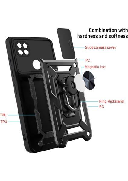 Xiaomi Redmi 9c Ince Kaydırmalı Kamera Kapaklı ve Halka Tutucu Standlı Sağlam Zırh Koruma Çantası Gümüş (Yurt Dışından) fırsatları