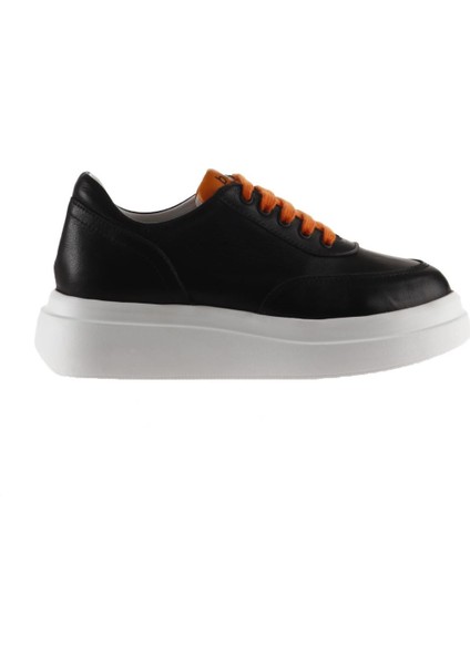 Siyah Turuncu Deri Kadın Düz Ayakkabı