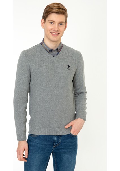 Erkek Gri Melanj Basic Triko Kazak 50236962-VR086