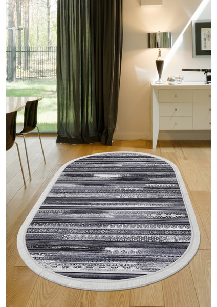 Dijidekor Köln Gri Saçaklı Dijital Oval Halı Kaymaz Yıkanabilir Iskandinav Yolluk 180X450