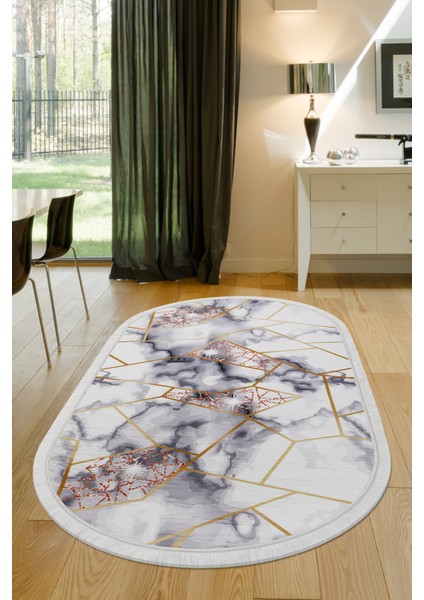 Dijidekor Gold Kristal Saçaklı Dijital Oval Halı Kaymaz Yıkanabilir Iskandinav Yolluk 160X230