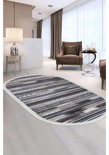 Dijidekor Köln Kahve Saçaklı Dijital Oval Halı Kaymaz Yıkanabilir Iskandinav Yolluk 180X350