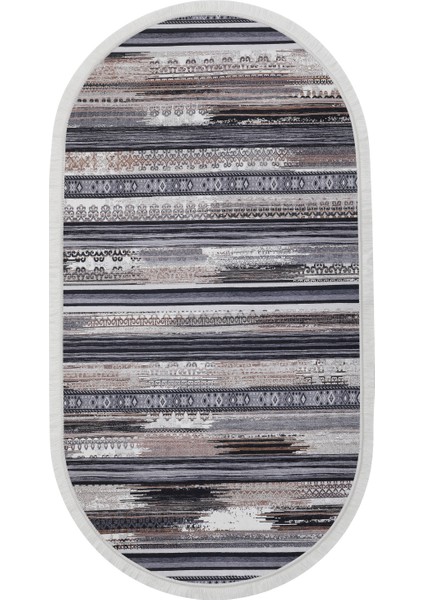Dijidekor Köln Kahve Saçaklı Dijital Oval Halı Kaymaz Yıkanabilir Iskandinav Yolluk 180X350