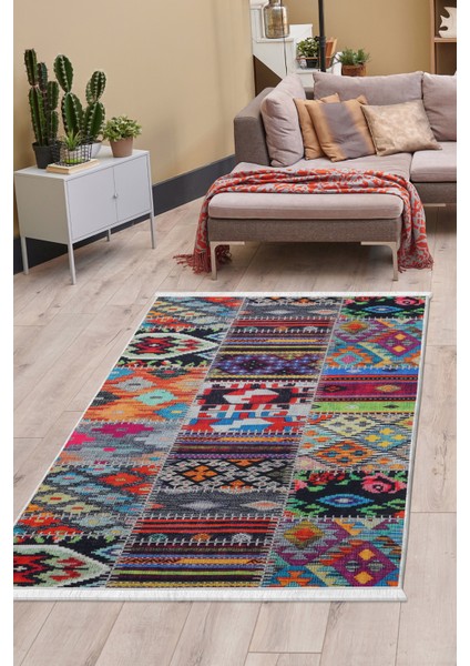Dijidekor 9010 Patchwork Temalı Saçaklı Dijital Halı Kaymaz Yıkanabilir Iskandinav Yolluk 60X400