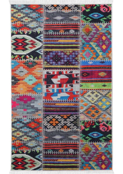 Dijidekor 9010 Patchwork Temalı Saçaklı Dijital Halı Kaymaz Yıkanabilir Iskandinav Yolluk 60X400